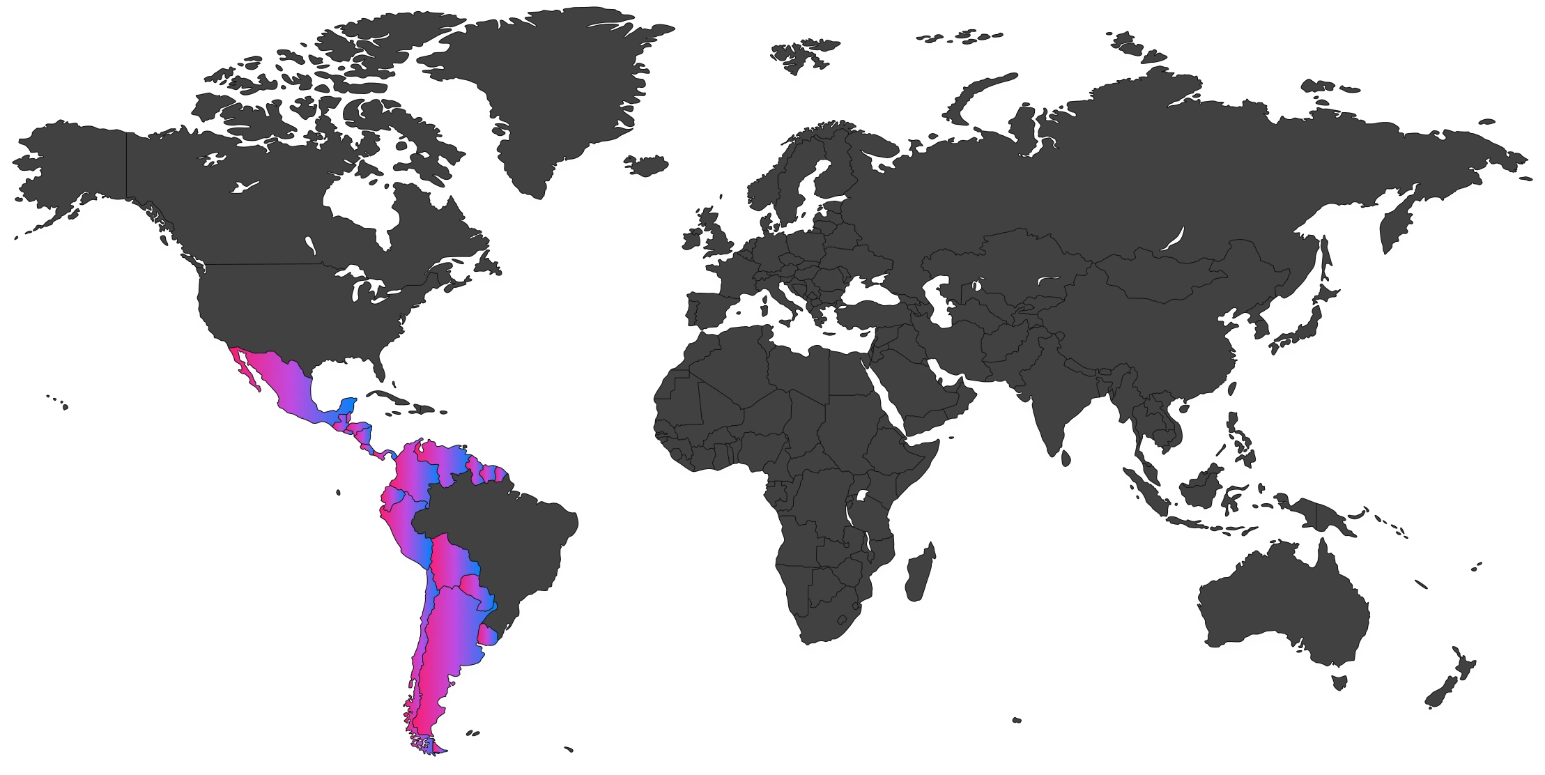 World map highlighting Central and South America, including Mexico, parts of the Caribbean, and the western coast of South America, with a pink and blue gradient overlay.