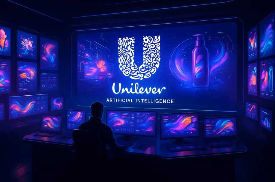Person sitting at a desk with multiple glowing screens displaying colorful data visuals, facing a large screen showing the Unilever logo and the words 'ARTIFICIAL INTELLIGENCE'.