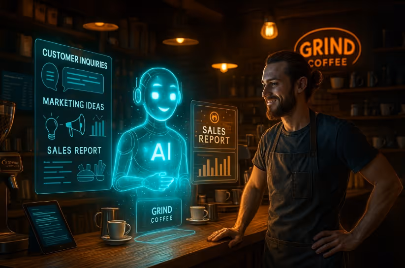 Barista smiling while interacting with a glowing holographic AI assistant displaying marketing ideas and sales reports in a coffee shop.