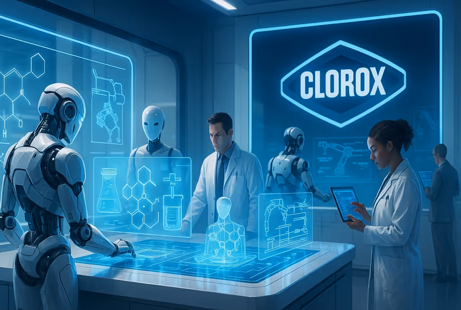 Laboratory with scientists and robots interacting with futuristic holographic chemical and robotic displays, Clorox logo illuminated in background.