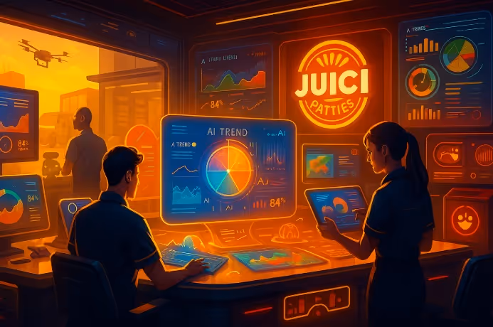 Two people in a dark room analyzing AI trend data and charts displayed on multiple glowing screens with a 'JUICI Patties' logo in the background.