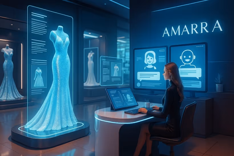 Woman sitting at desk using computer in a high-tech room displaying a holographic elegant dress and AI assistant screens.