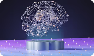 3D digital brain model made of interconnected nodes and lines floating above a circular metallic platform with a purple-blue gradient background.