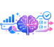 Abstract purple brain with gears, a stopwatch, and a checklist symbolizing decision-making and time management.