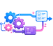 Illustration of interconnected gears labeled business strategy, marketing, commercial processes, and logistics next to a document icon.