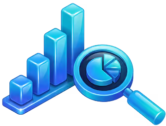 Gráfica de barras azules con lupa mostrando un gráfico circular detallado.