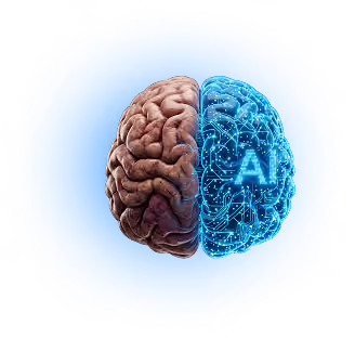 Mitad de cerebro humano y mitad digital brillante con circuitos y letras AI en fondo azul.