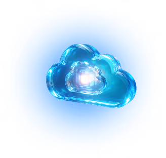 Nube digital translúcida brillante con luz blanca central y fondo azul intenso.