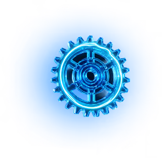 Engranaje metálico azul brillante sobre fondo azul con efecto de resplandor.