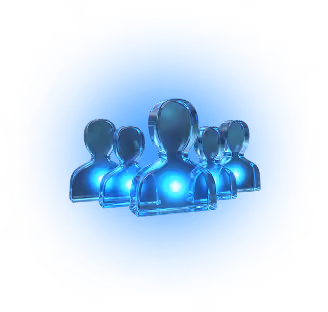Icono de grupo de cinco figuras humanas en color azul transparente con brillo central.