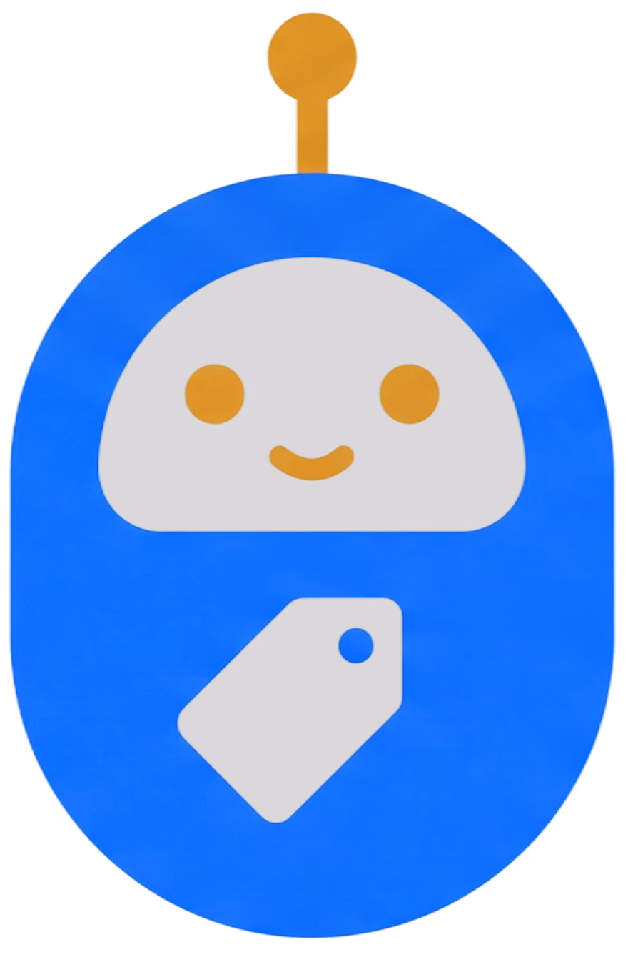 ícono azul con cara sonriente amarilla y etiqueta blanca en el centro.