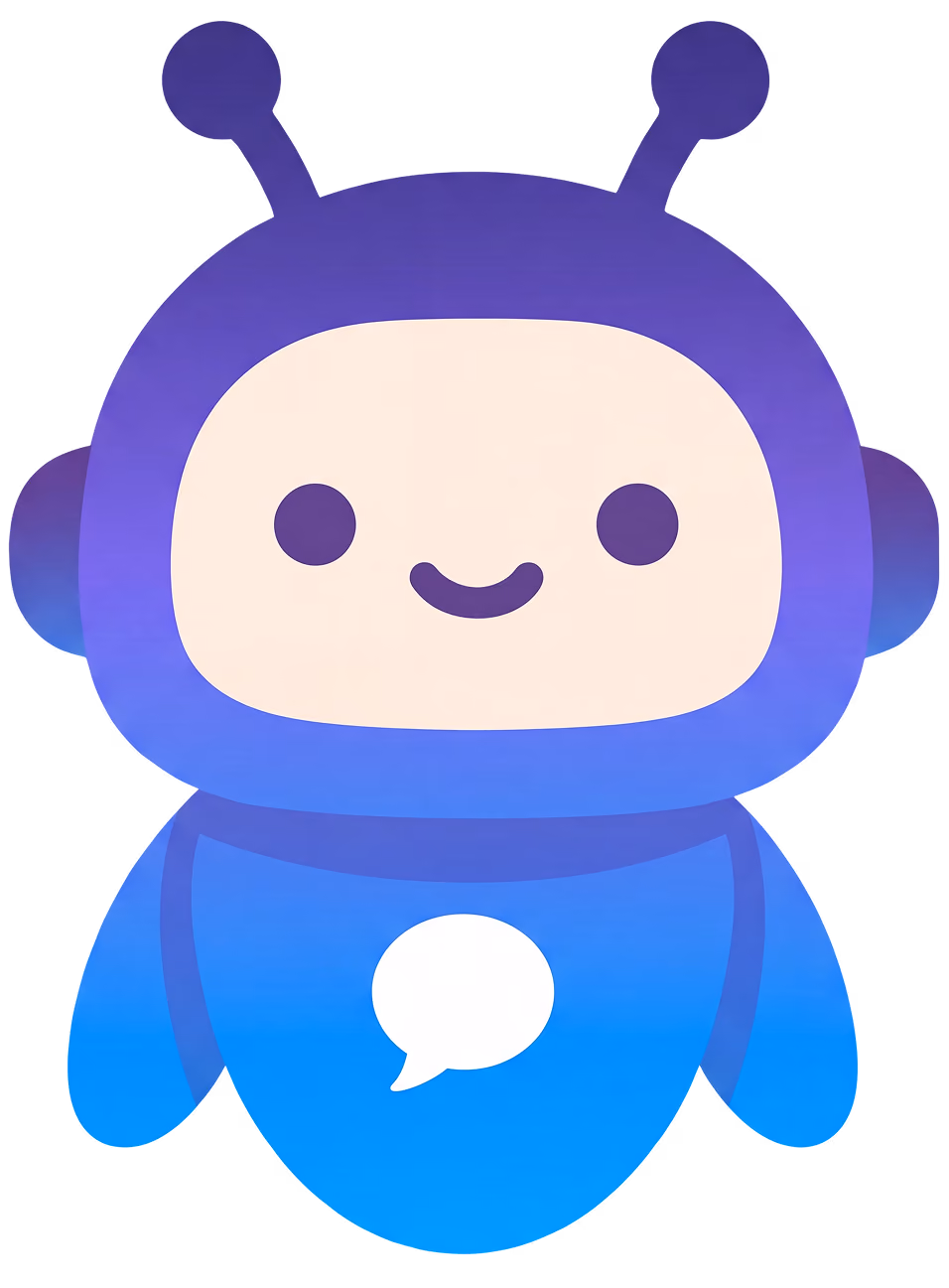 Dibujo animado de robot azul y púrpura con cara sonriente y burbuja de diálogo blanca en el pecho.