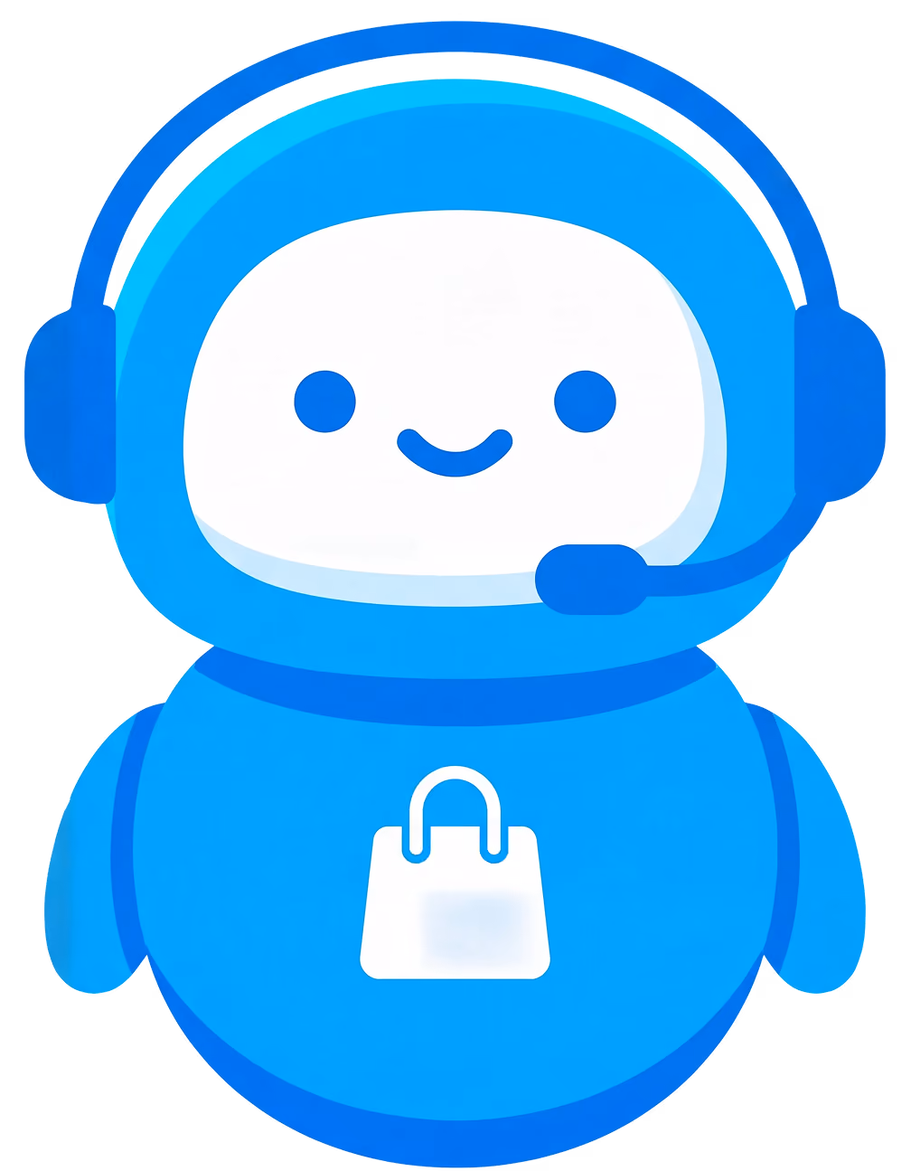 Robot azul sonriente con auriculares y un icono de bolsa de compra en el torso.