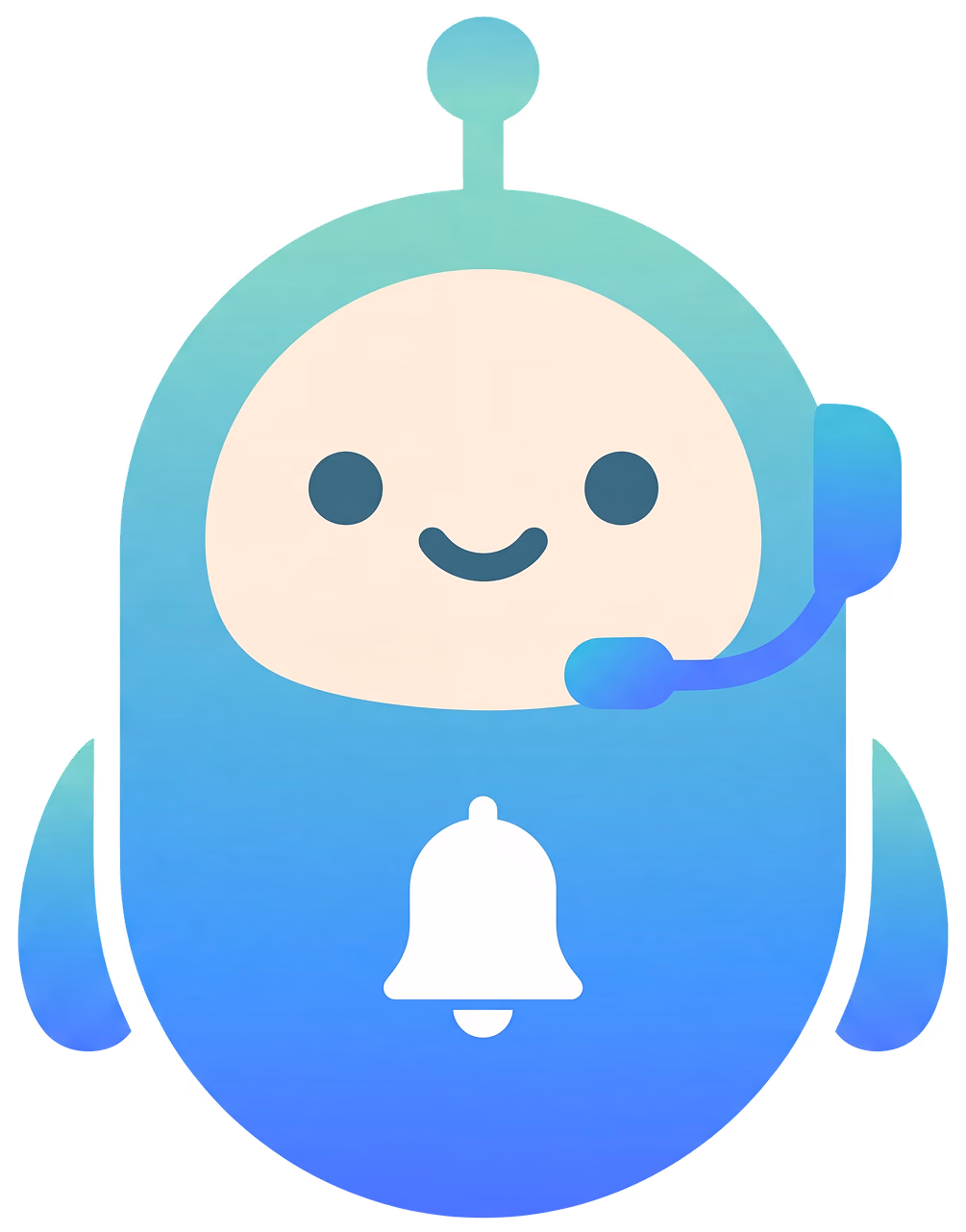 Robot azul con cara sonriente, auricular y un ícono de campana blanca en el cuerpo.