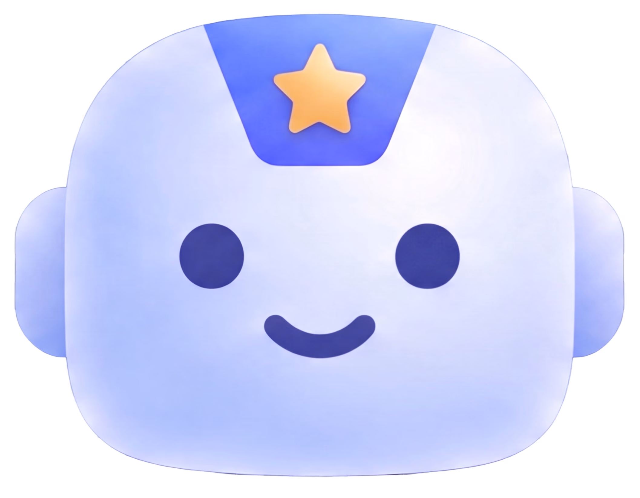 Cabeza de robot sonriente con estrella amarilla en frente azul.