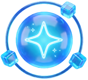 Esfera azul translúcida con una estrella luminosa en el centro y tres cubos conectados alrededor.