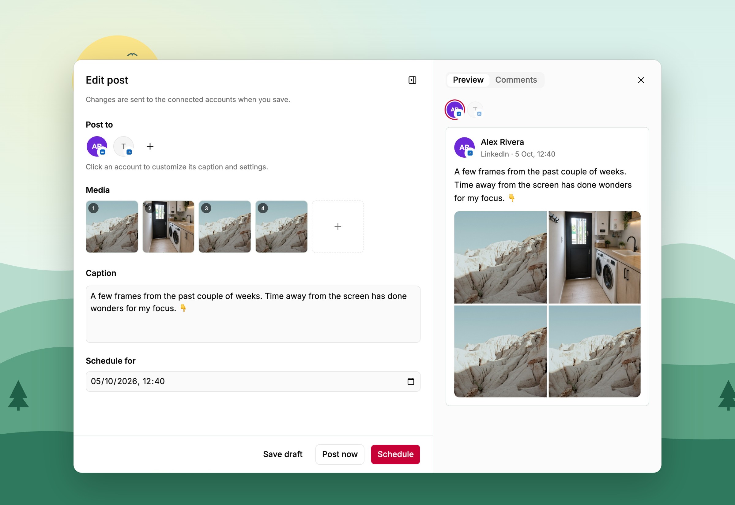 Tallyfeed post editor with accounts, media, caption and a live LinkedIn preview