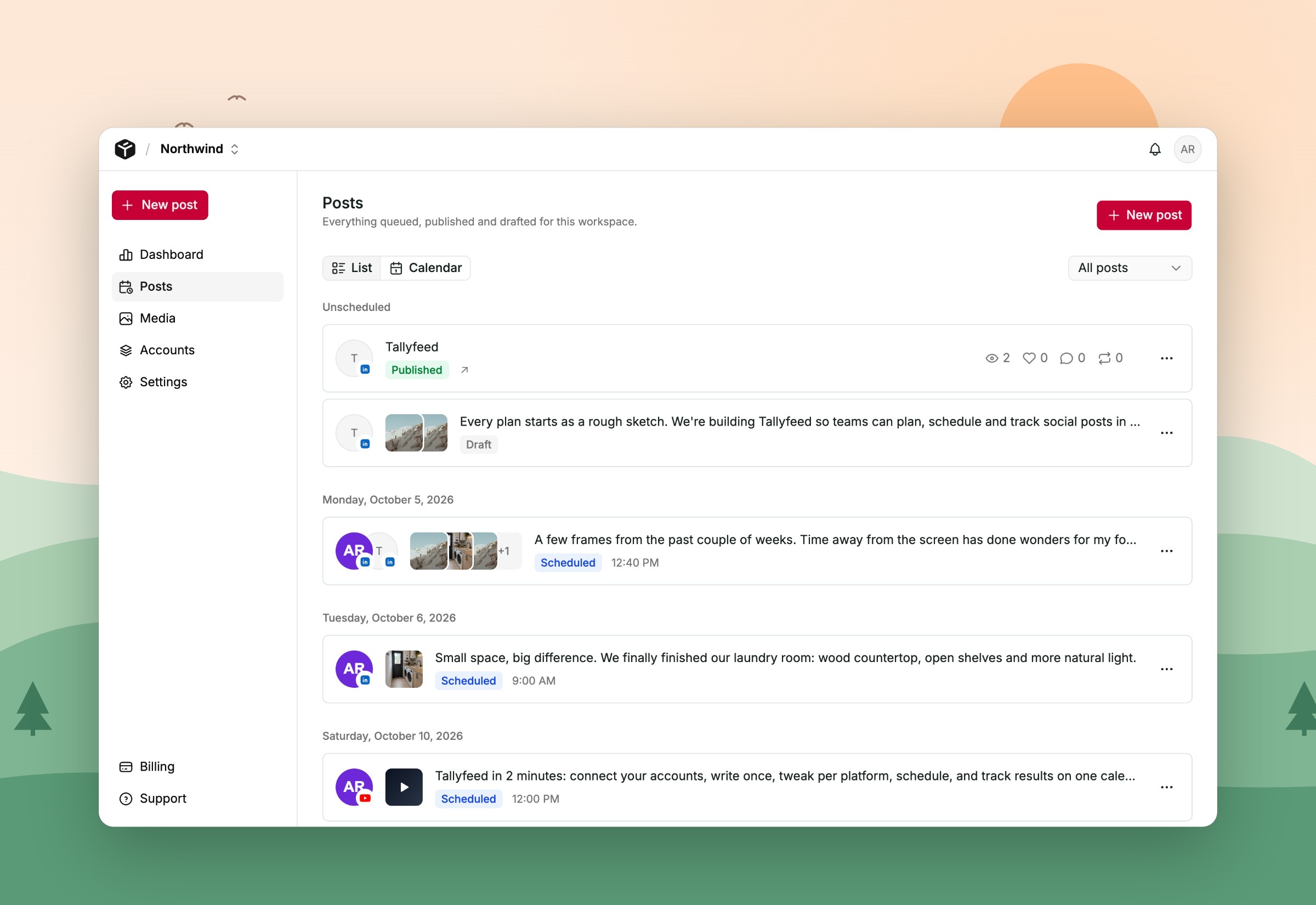 Tallyfeed posts list showing drafts and scheduled posts for several social accounts