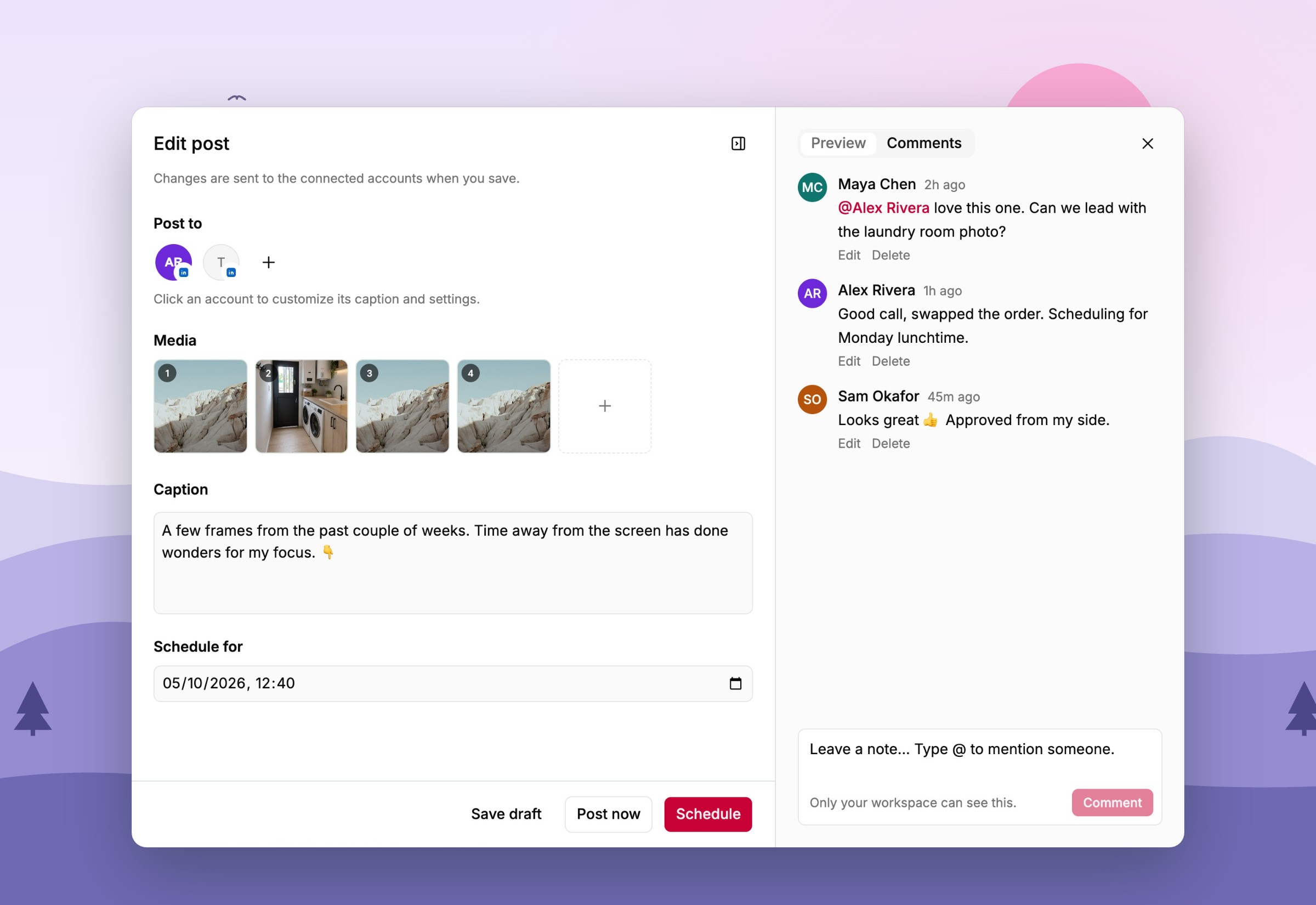 Team comments and mentions on a post in Tallyfeed
