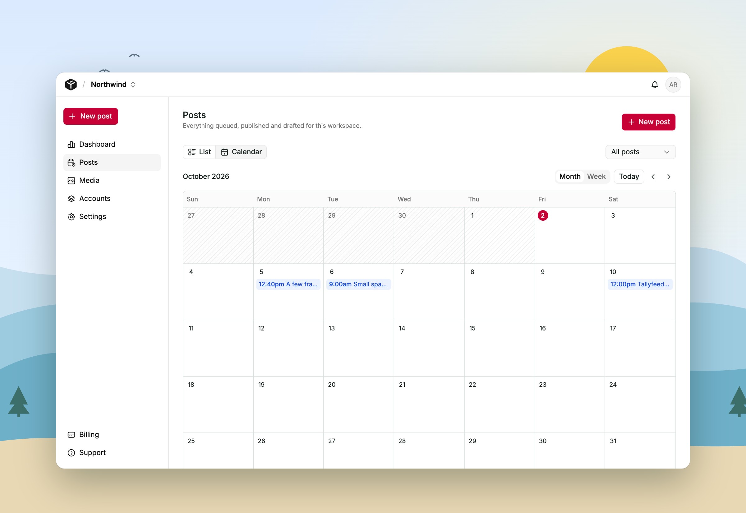 Tallyfeed monthly calendar of scheduled posts
