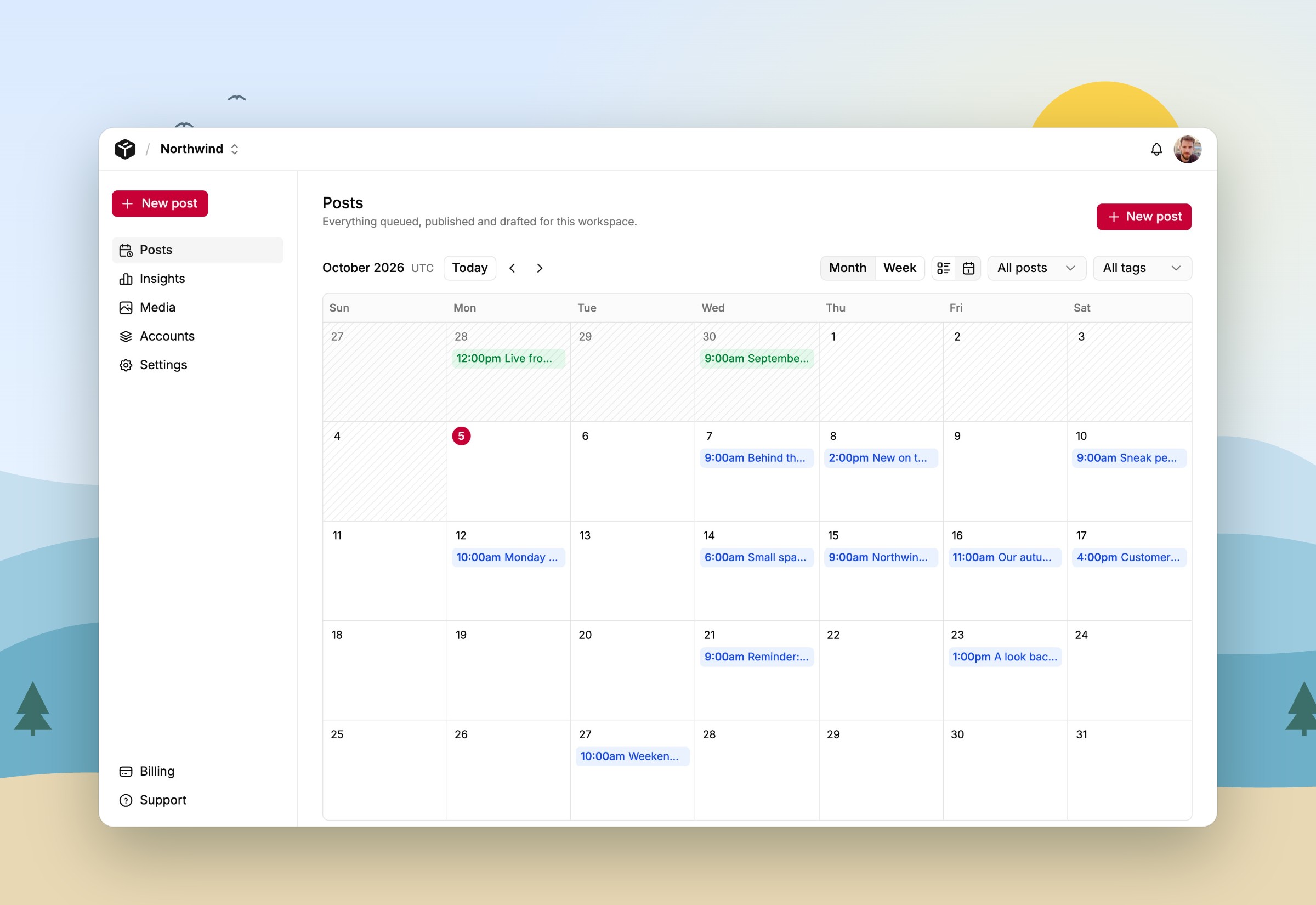 Tallyfeed monthly calendar of scheduled posts