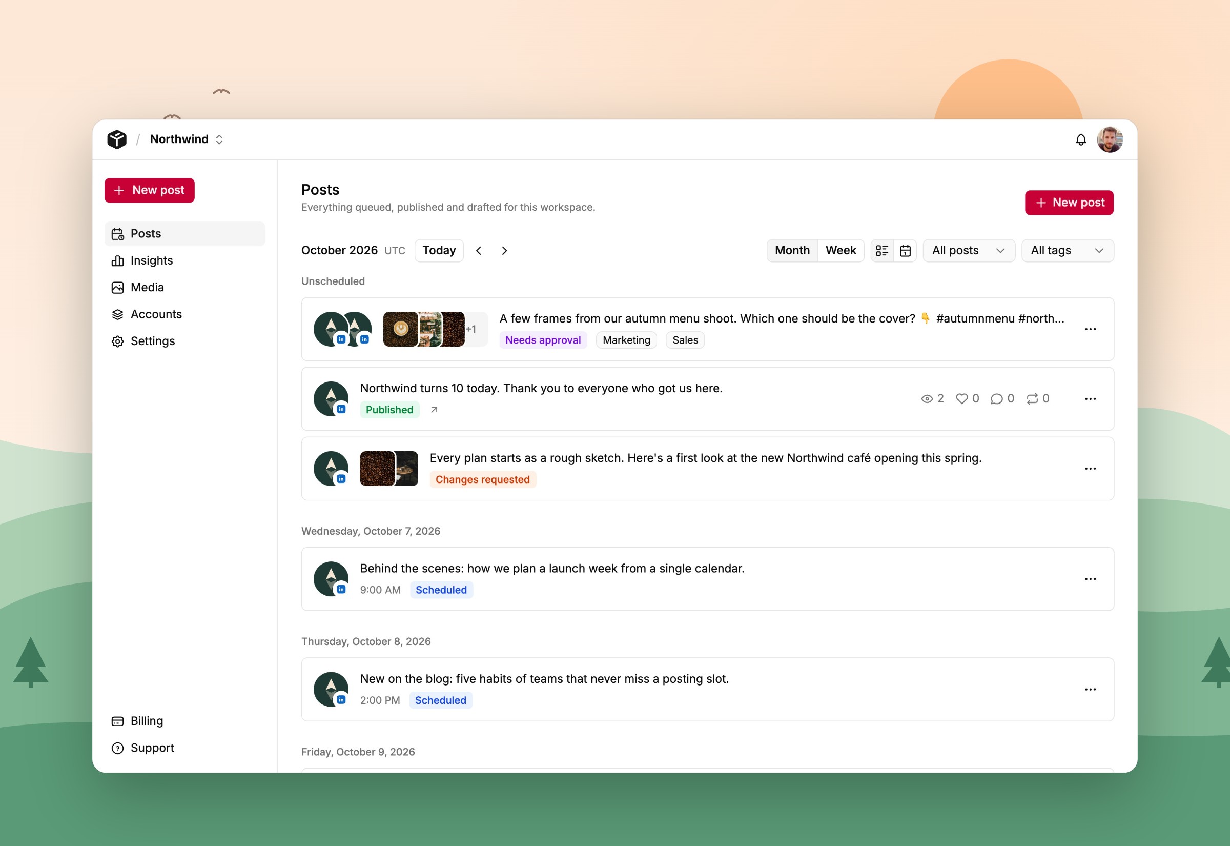 Tallyfeed posts list showing drafts and scheduled posts for several social accounts