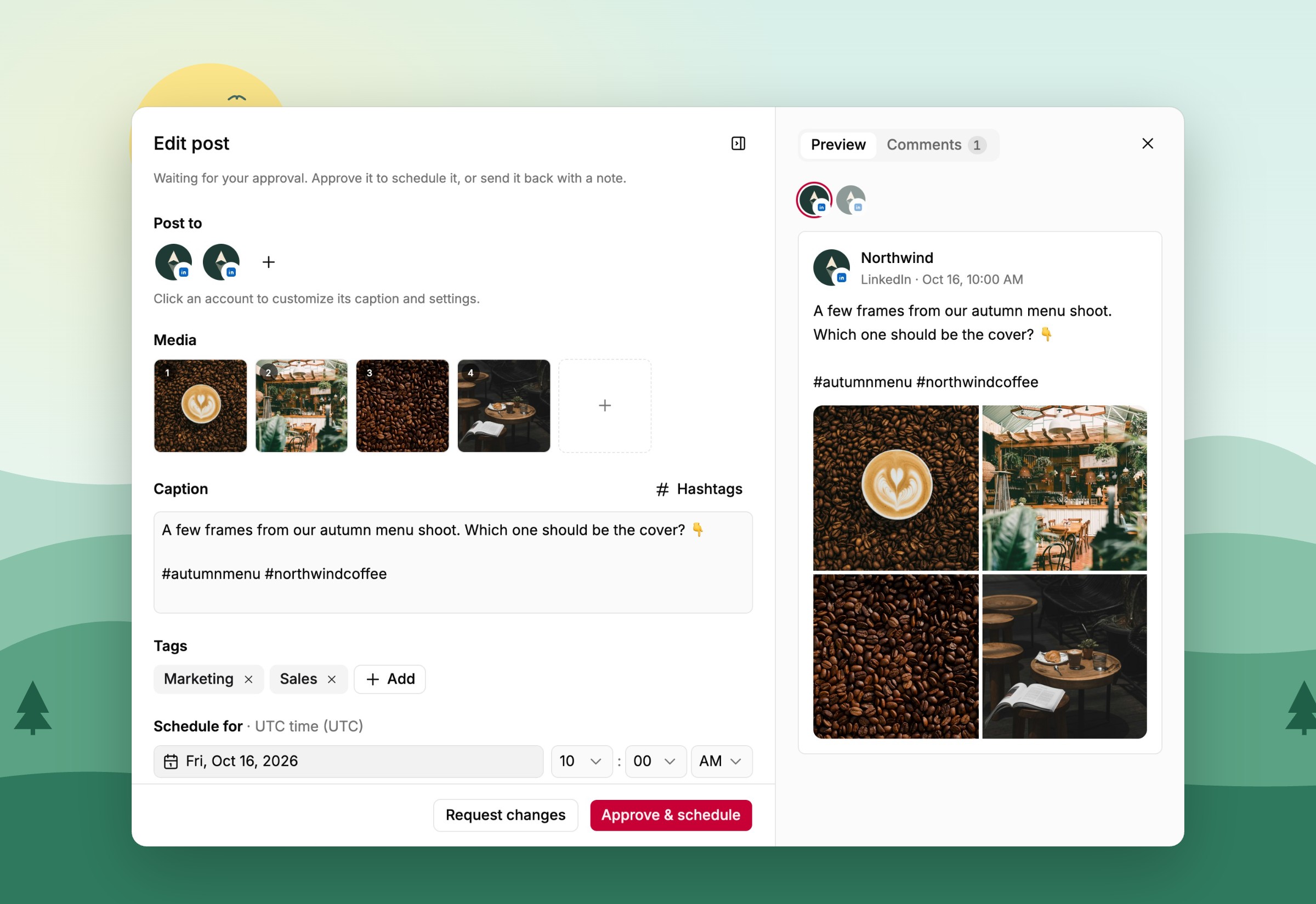 Tallyfeed post editor with accounts, media, caption and a live LinkedIn preview