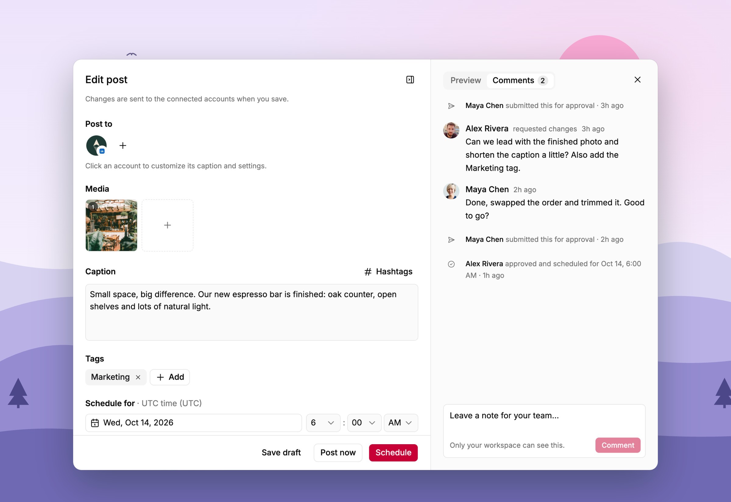Team comments and mentions on a post in Tallyfeed