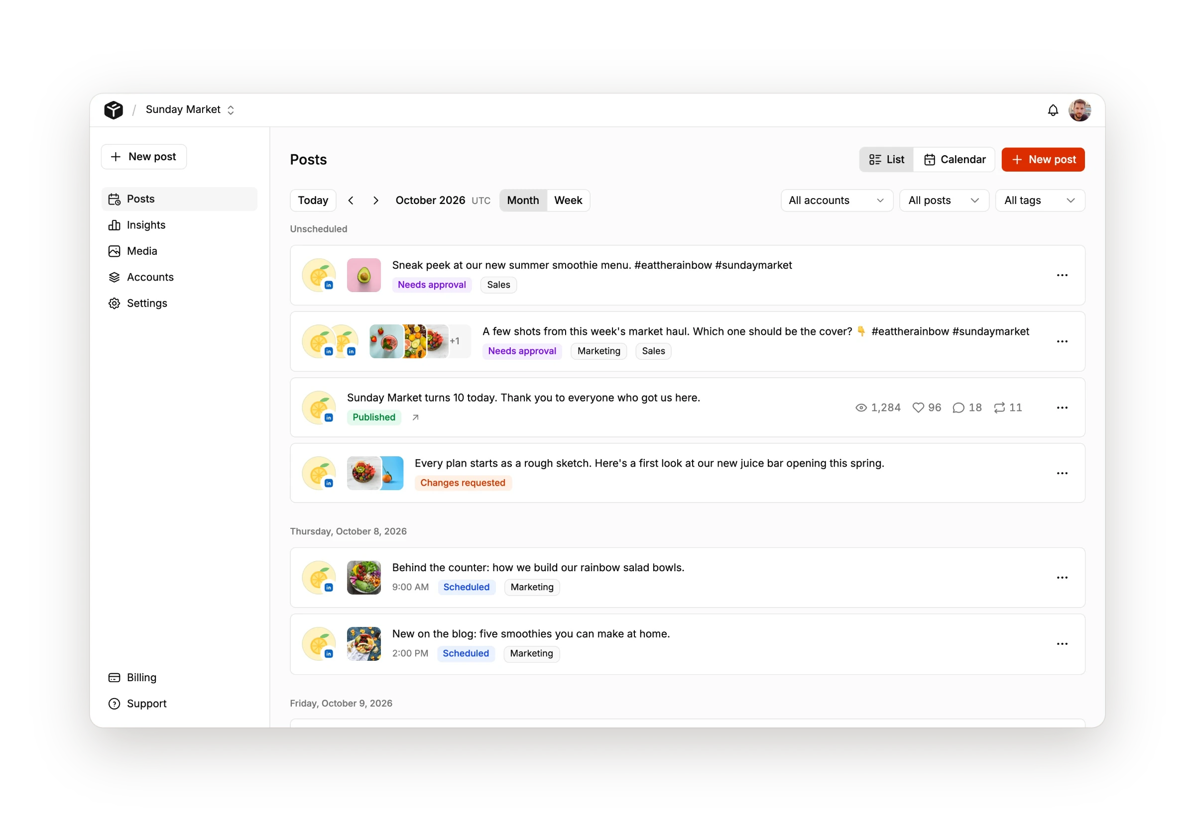 Tallyfeed posts list with approval, published and scheduled statuses