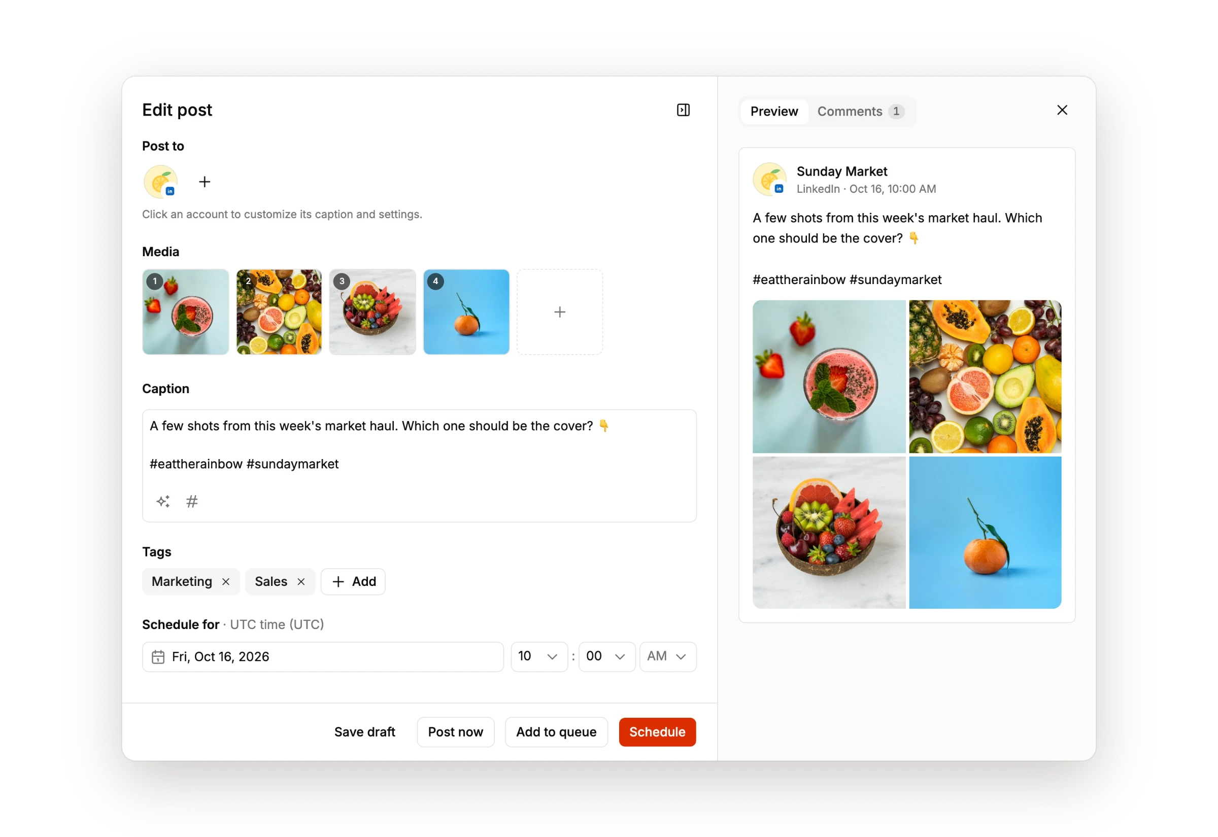 Tallyfeed post editor with per-network captions, media and a live LinkedIn preview