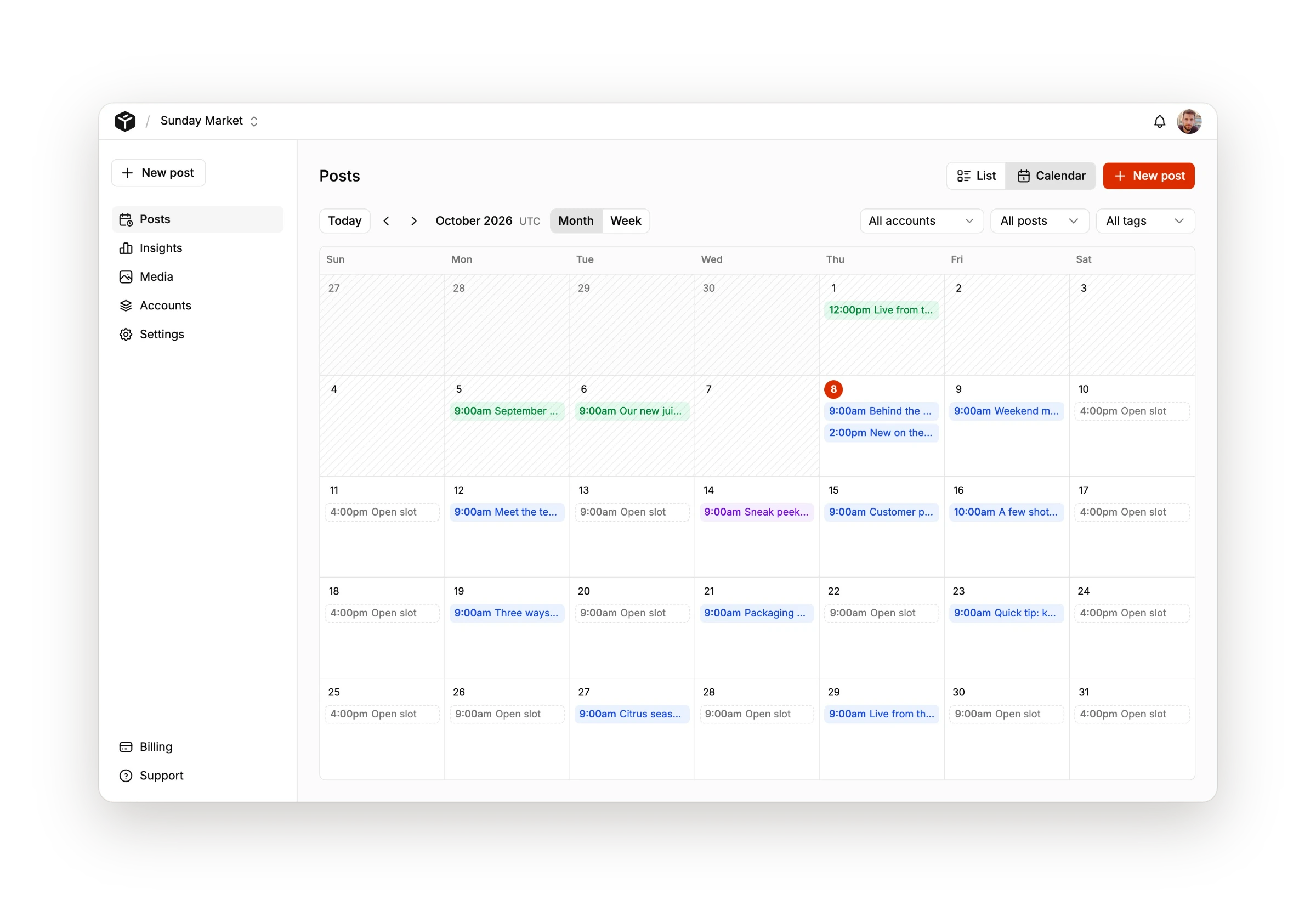 Tallyfeed monthly calendar with scheduled posts and open queue slots