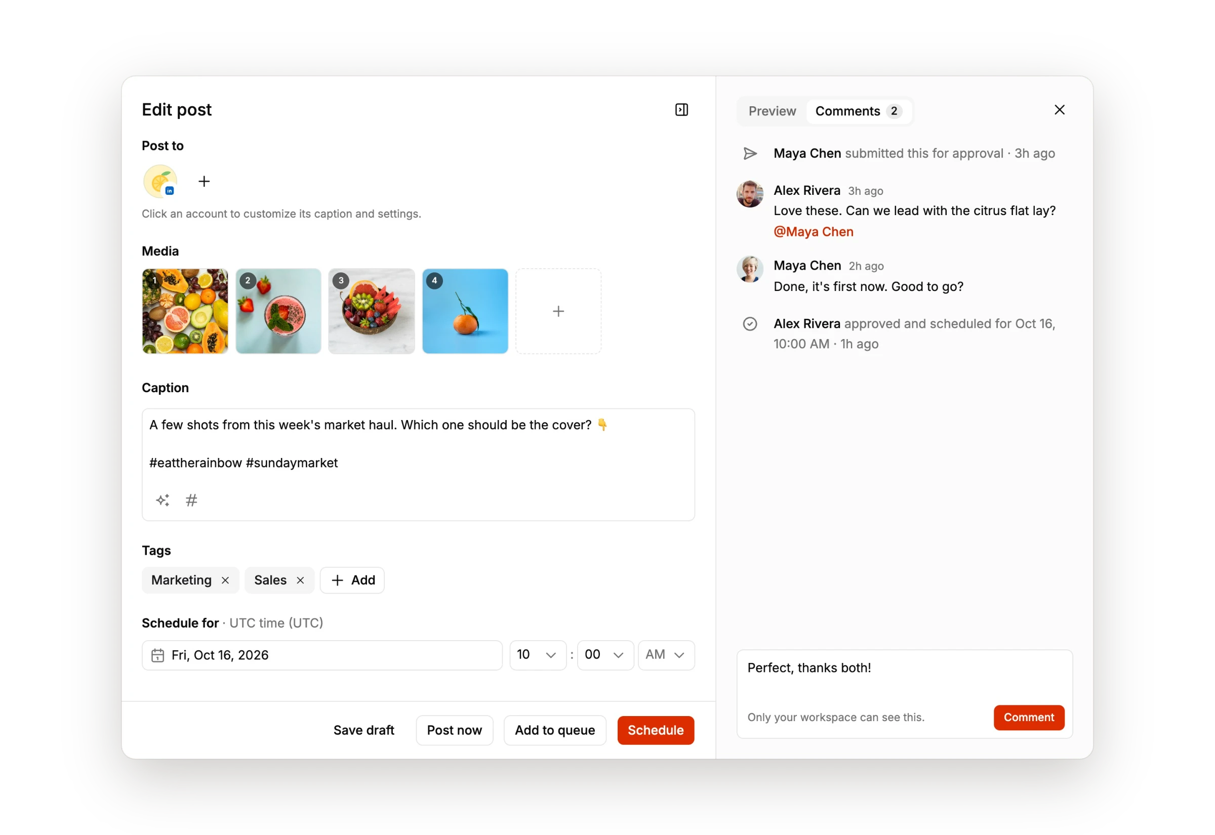 A post in Tallyfeed with an approval thread, comments and an @mention