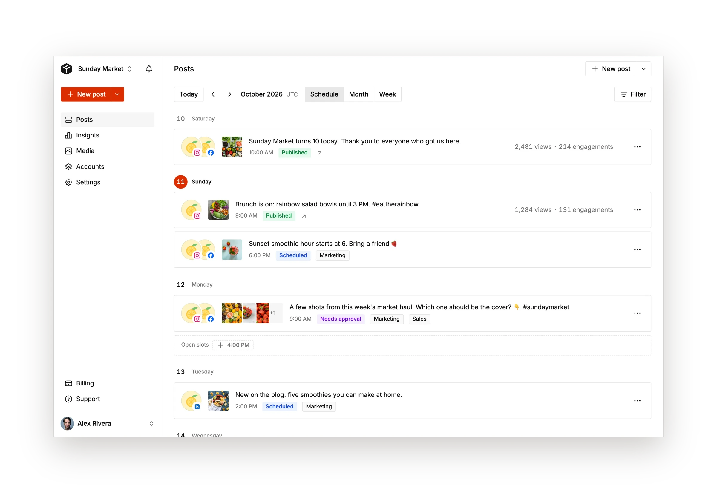 Tallyfeed posts list with approval, published and scheduled statuses
