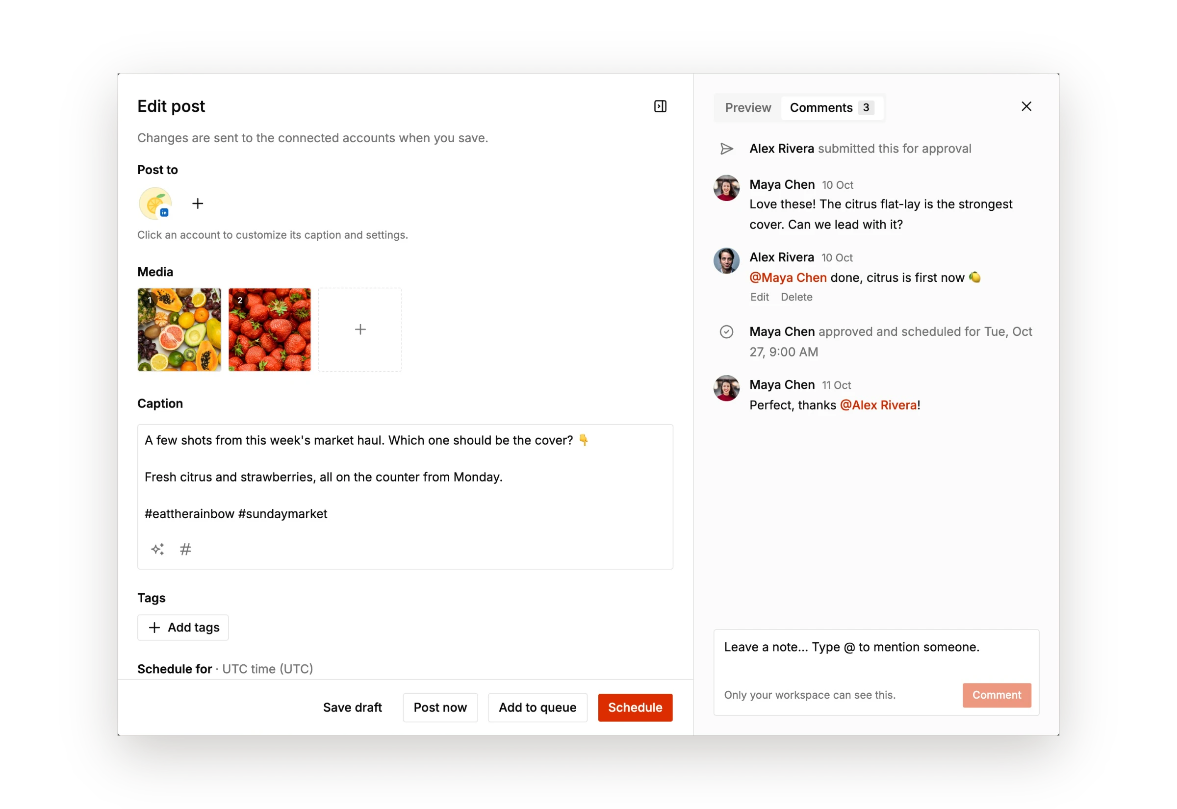 A post in Tallyfeed with an approval thread, comments and an @mention