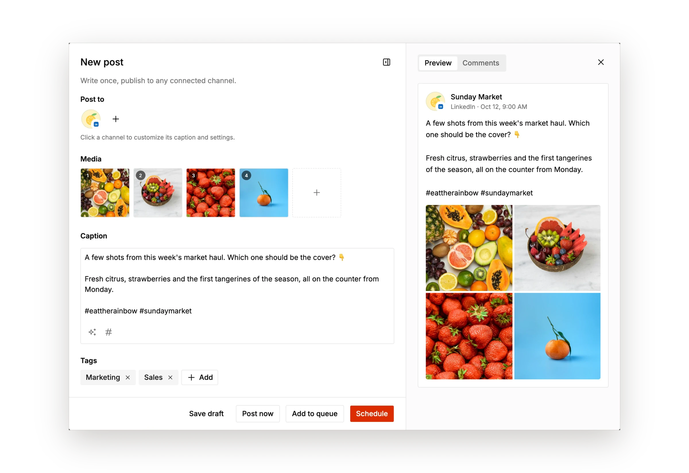 Tallyfeed post editor with channels, media, caption and a live LinkedIn preview