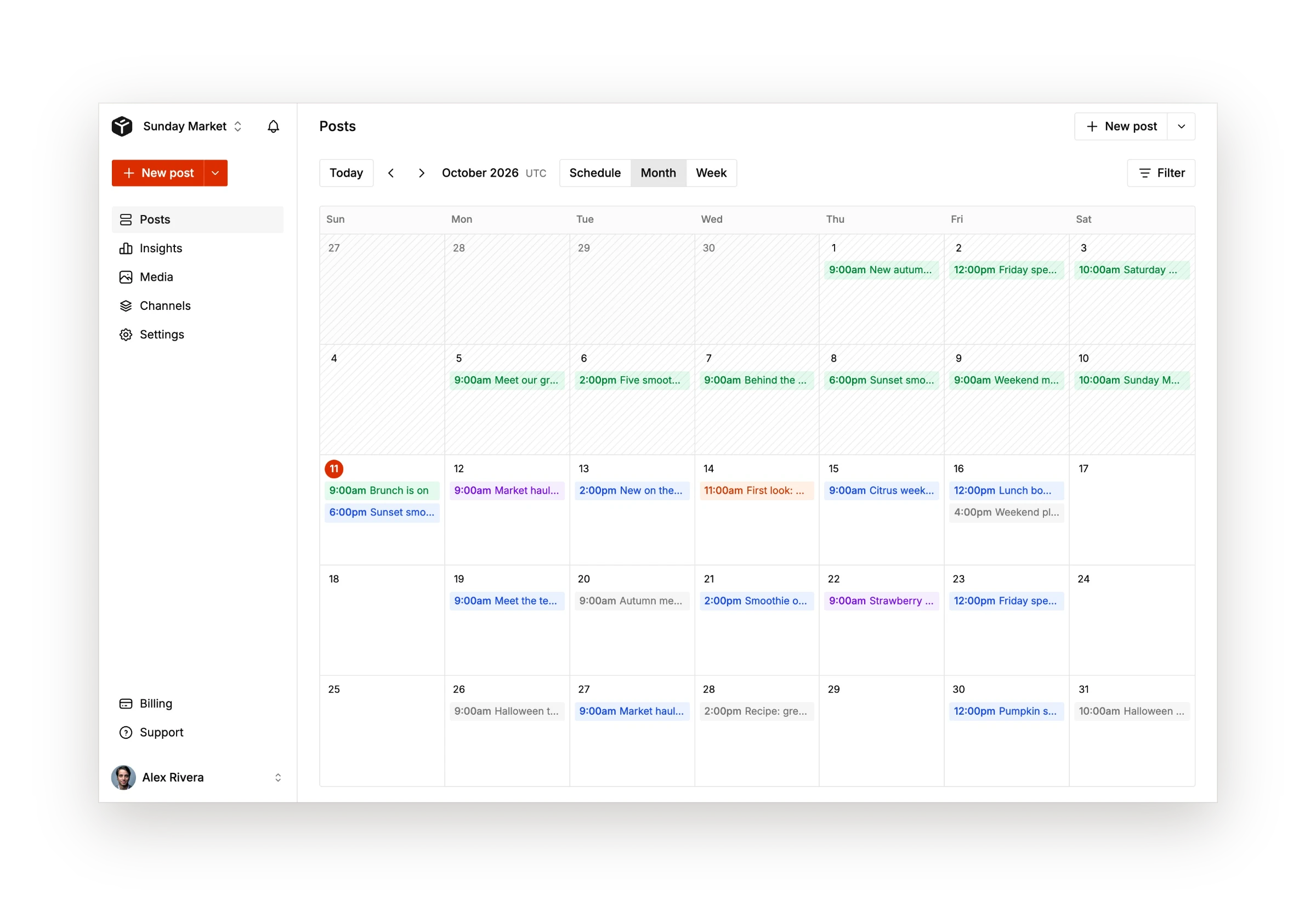 Tallyfeed monthly calendar of scheduled posts