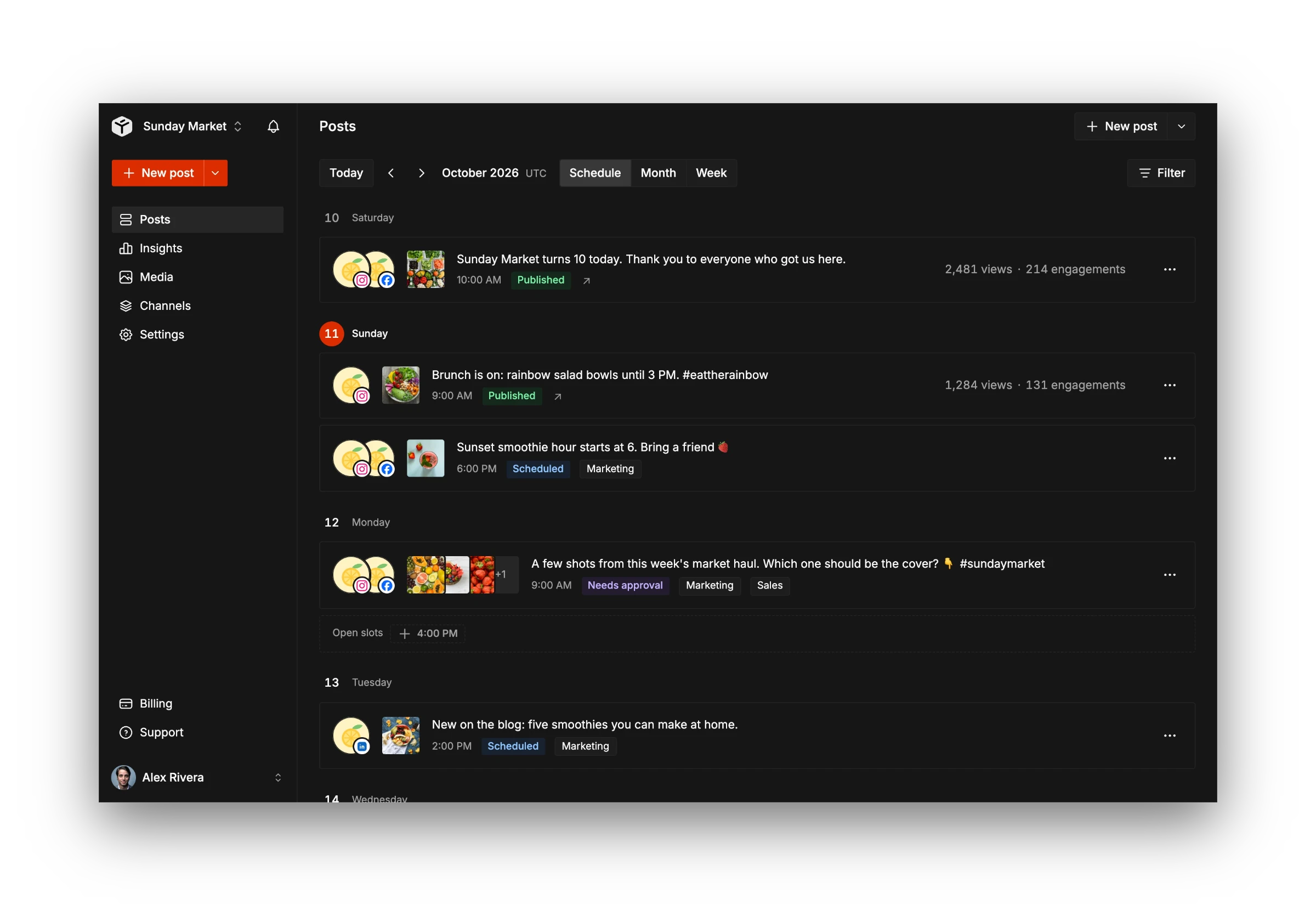 Tallyfeed posts list showing drafts and scheduled posts for several social channels