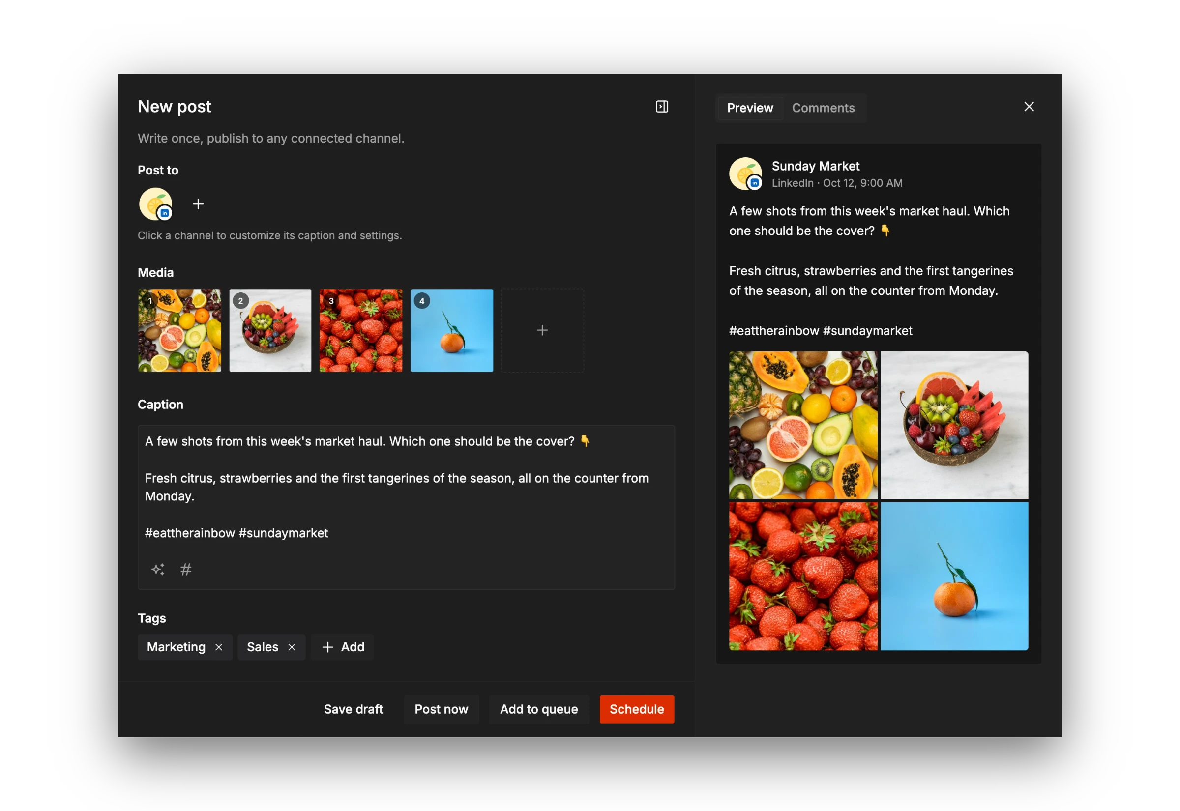 Tallyfeed post editor with channels, media, caption and a live LinkedIn preview