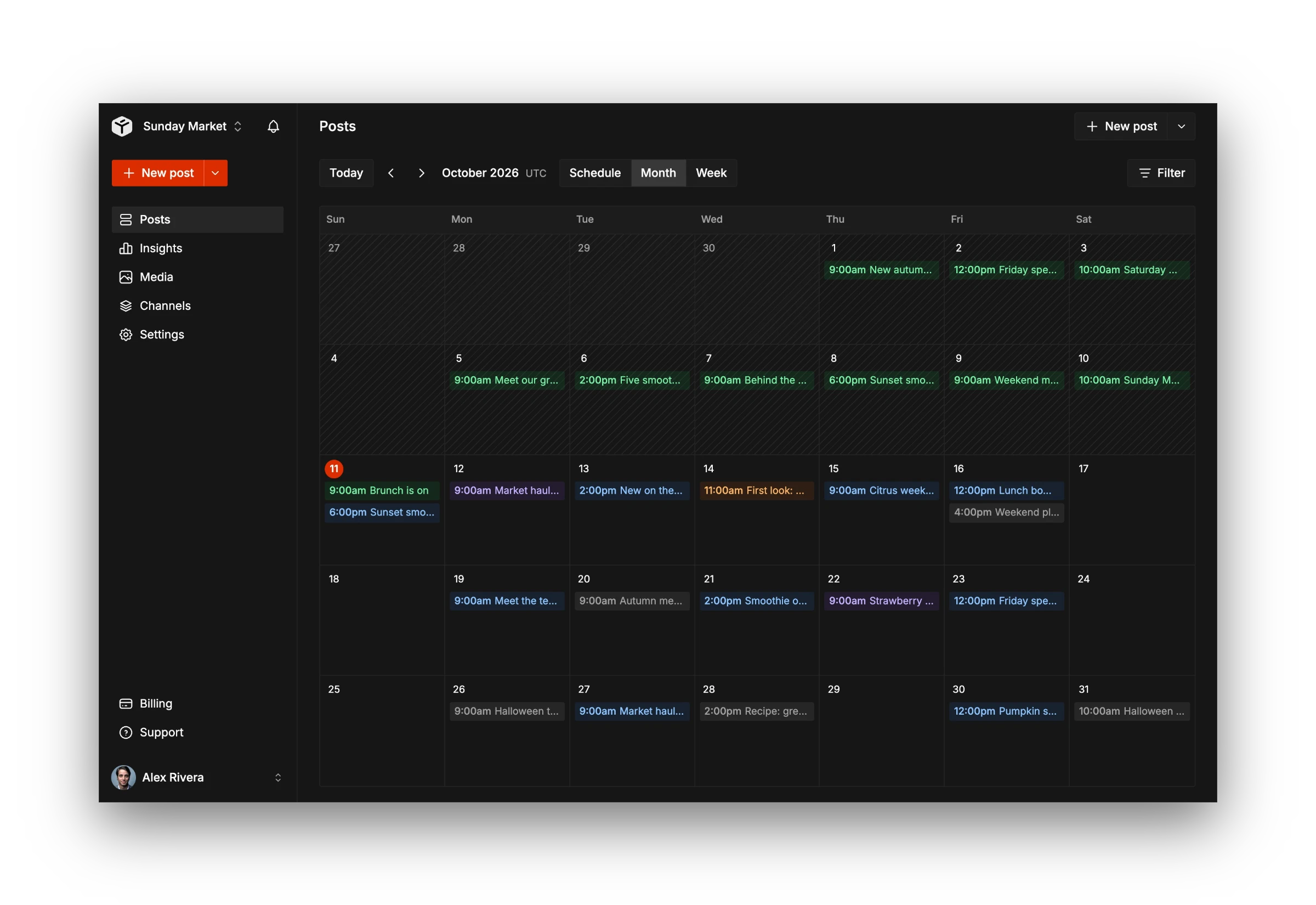 Tallyfeed monthly calendar of scheduled posts