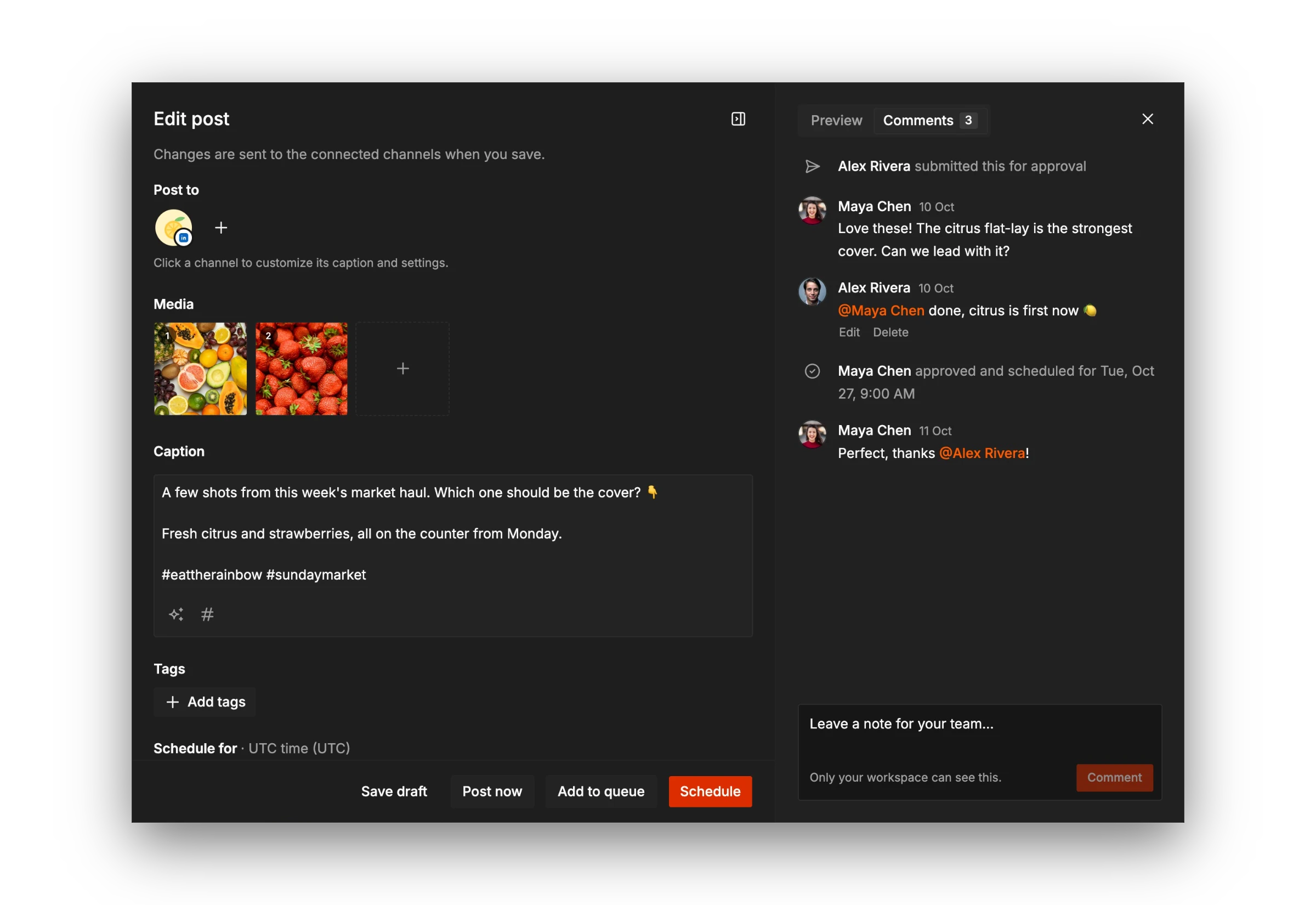 Team comments and mentions on a post in Tallyfeed