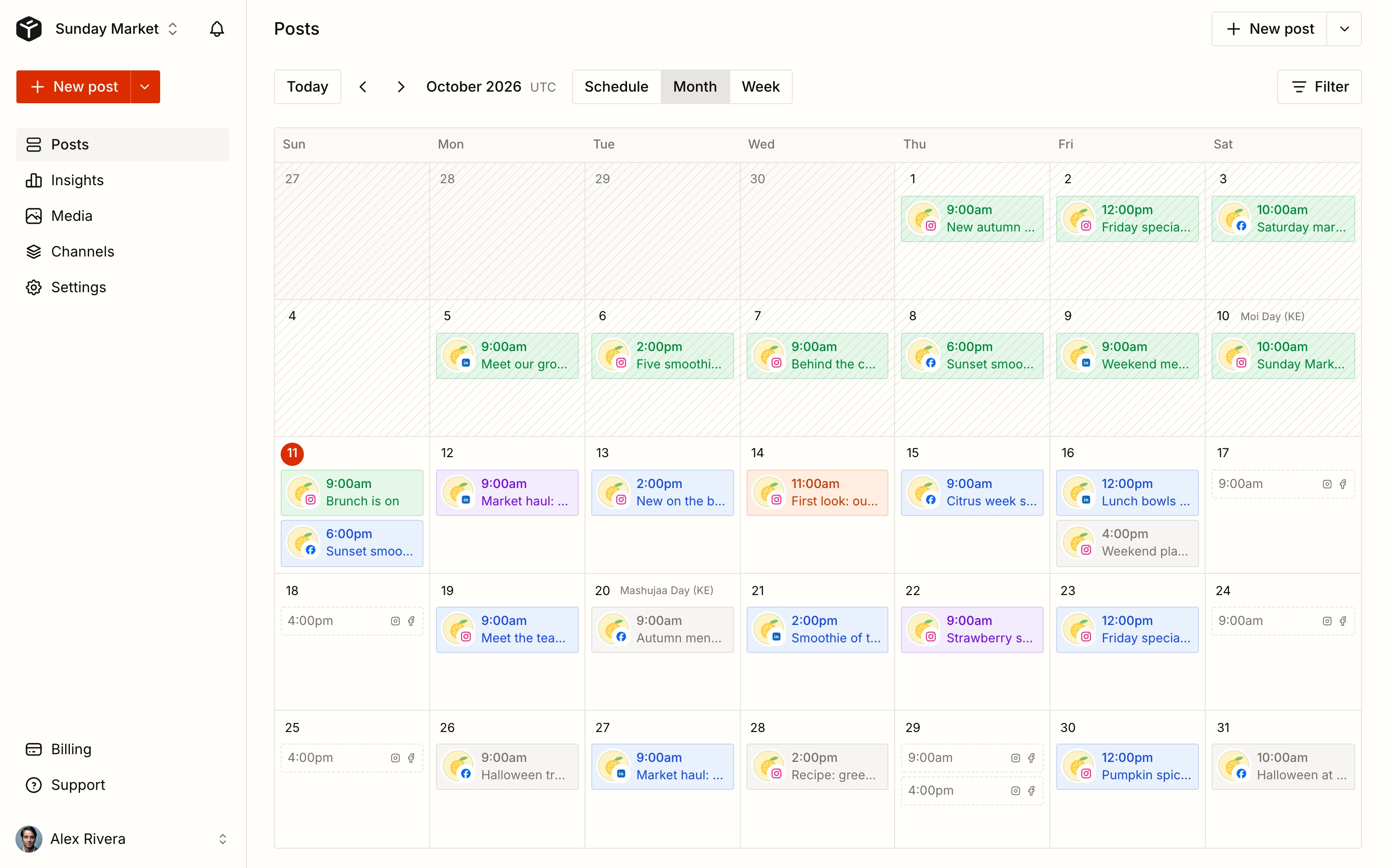 Tallyfeed monthly calendar of scheduled posts