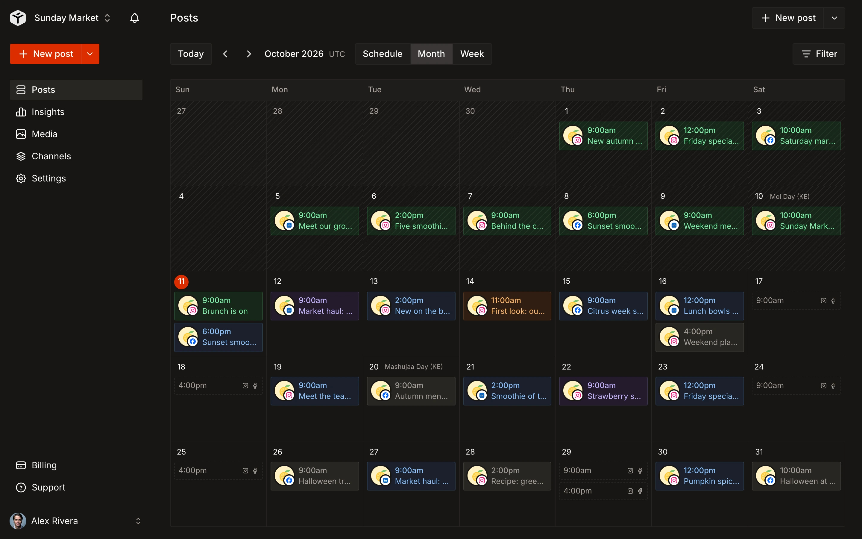 Tallyfeed monthly calendar of scheduled posts