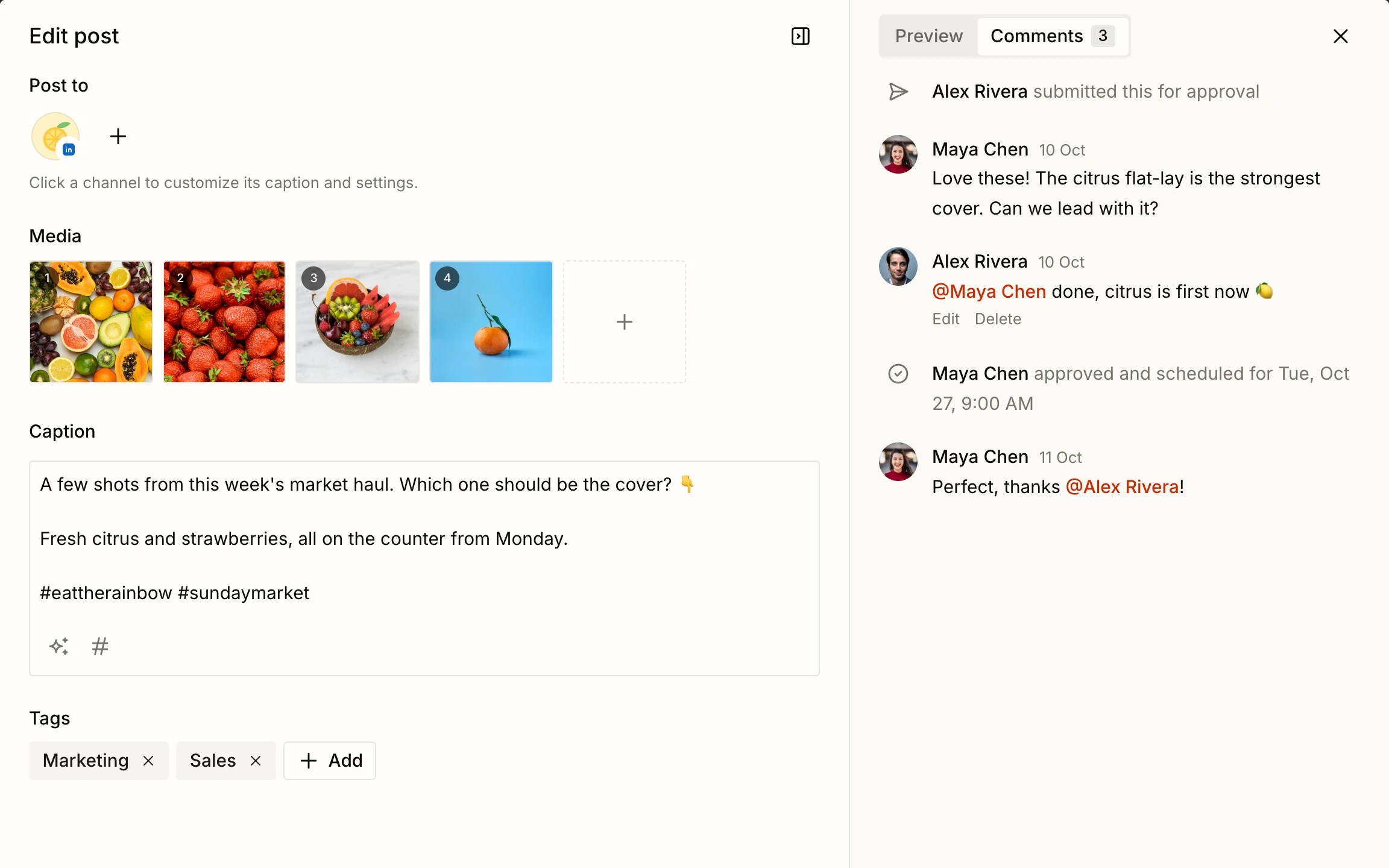Team comments and mentions on a post in Tallyfeed