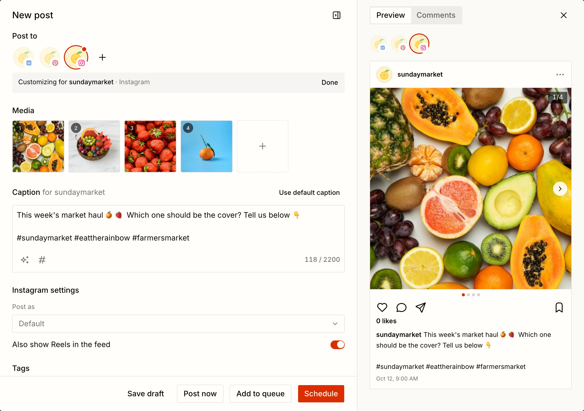 Tallyfeed post editor with three channels selected, Instagram's own caption and a live Instagram preview