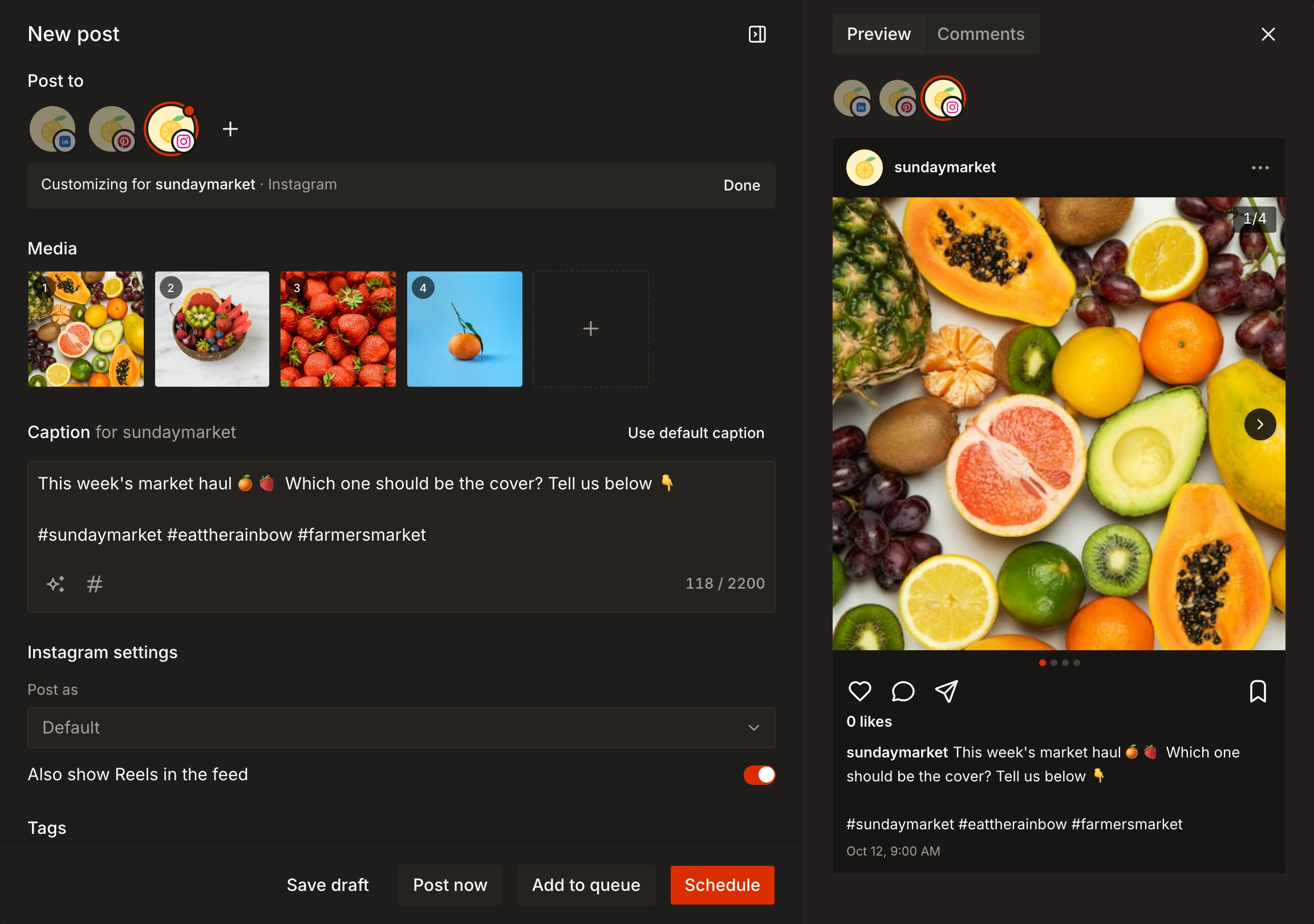 Tallyfeed post editor with three channels selected, Instagram's own caption and a live Instagram preview