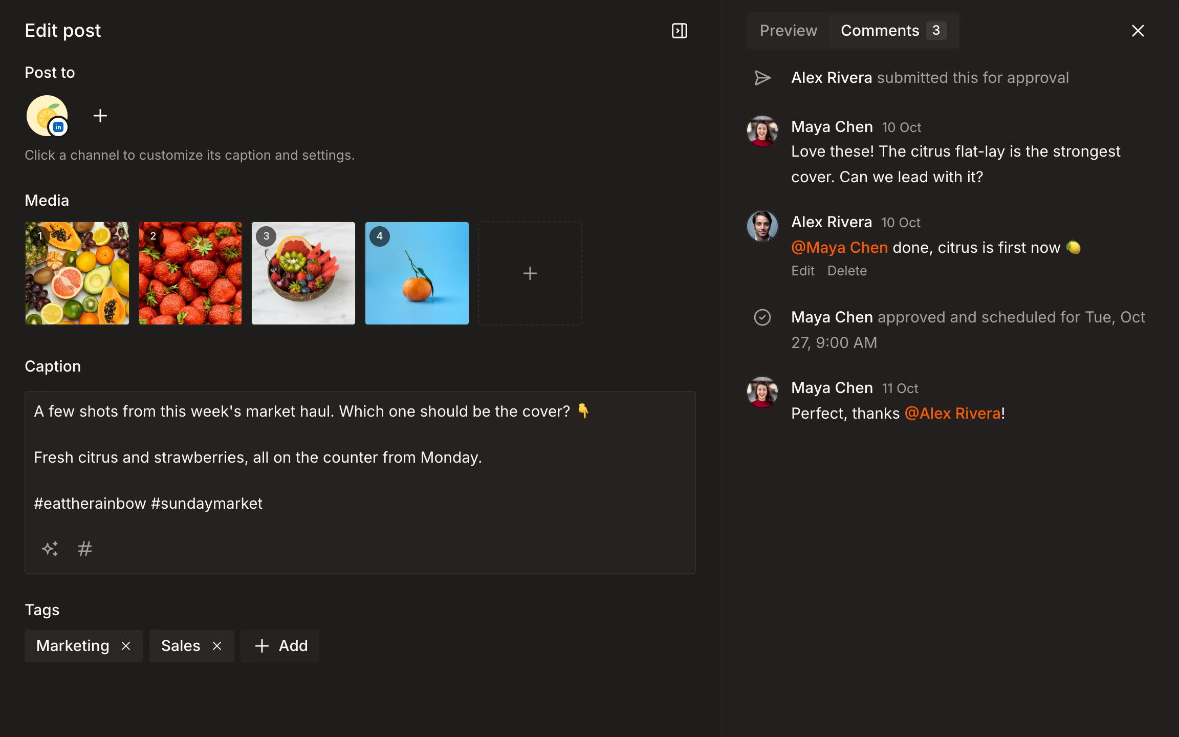 Team comments and mentions on a post in Tallyfeed