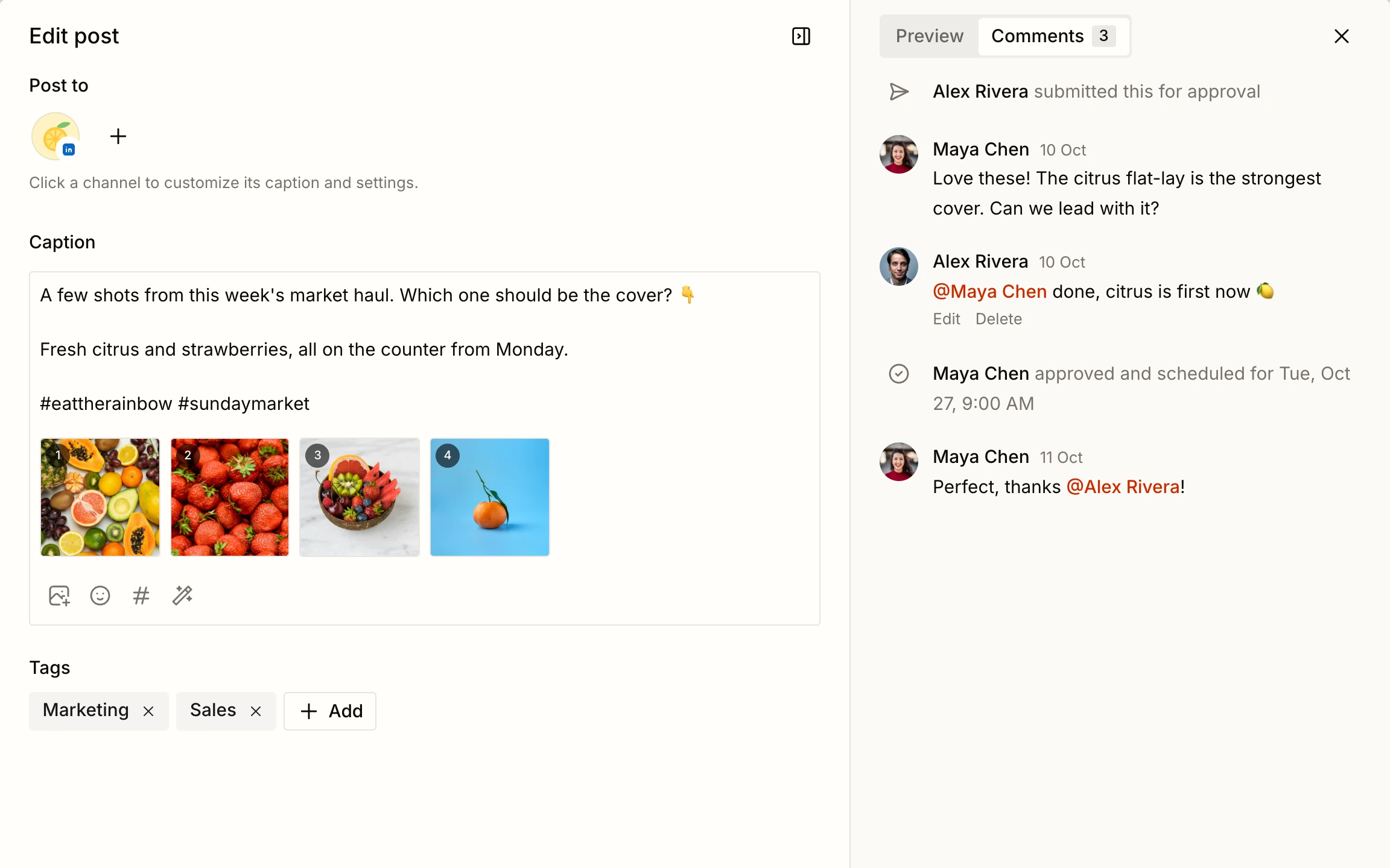 Team comments and mentions on a post in Tallyfeed