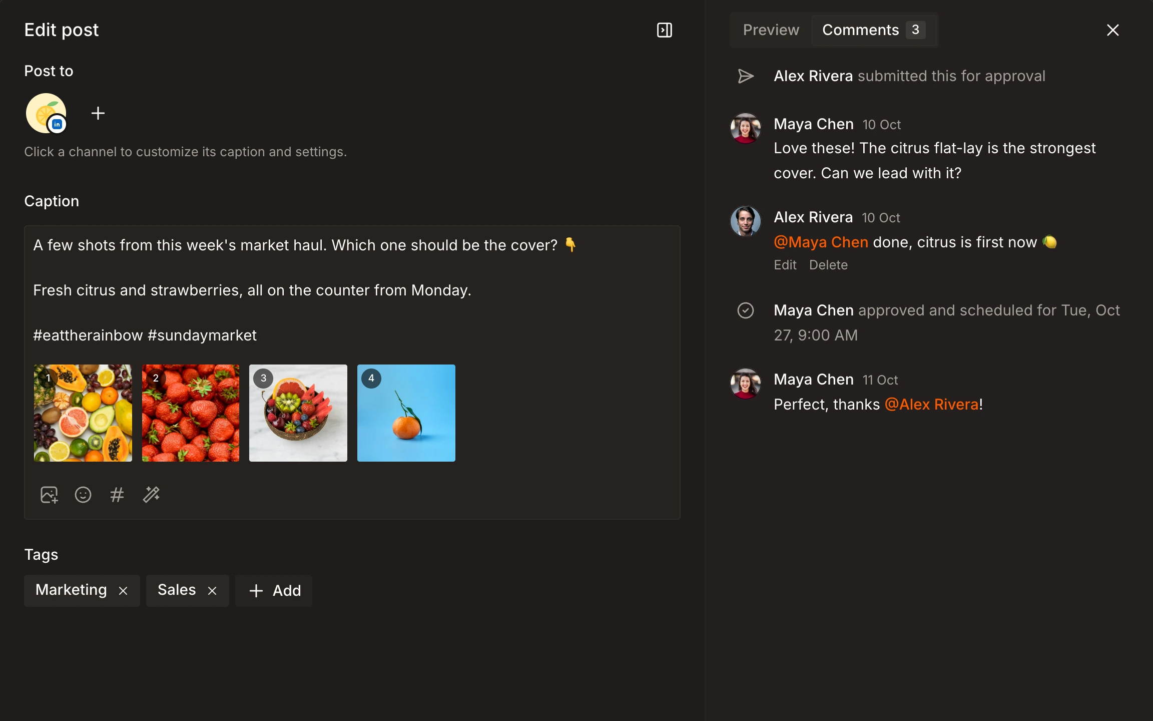 Team comments and mentions on a post in Tallyfeed