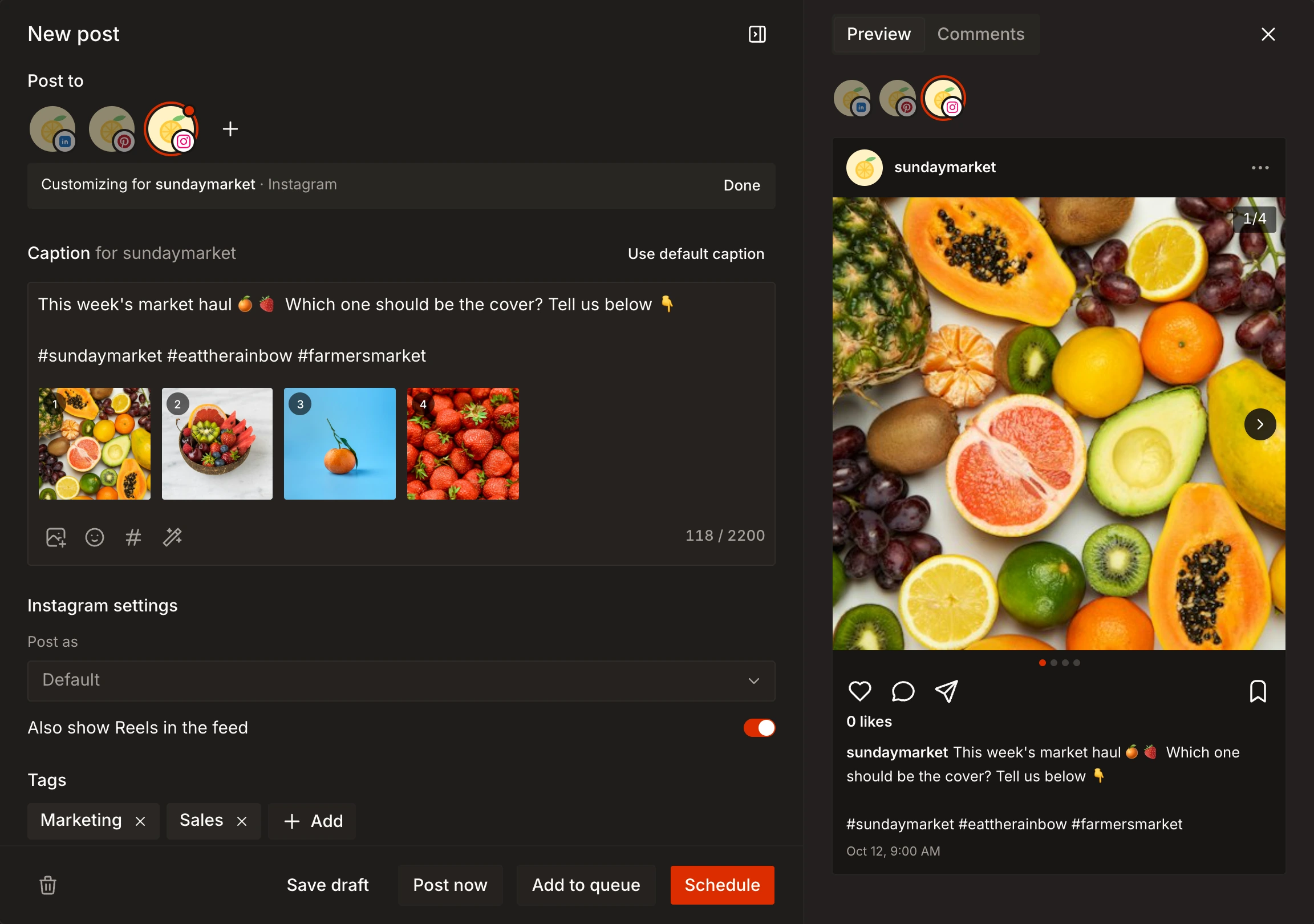 Tallyfeed post editor with three channels selected, Instagram's own caption and a live Instagram preview