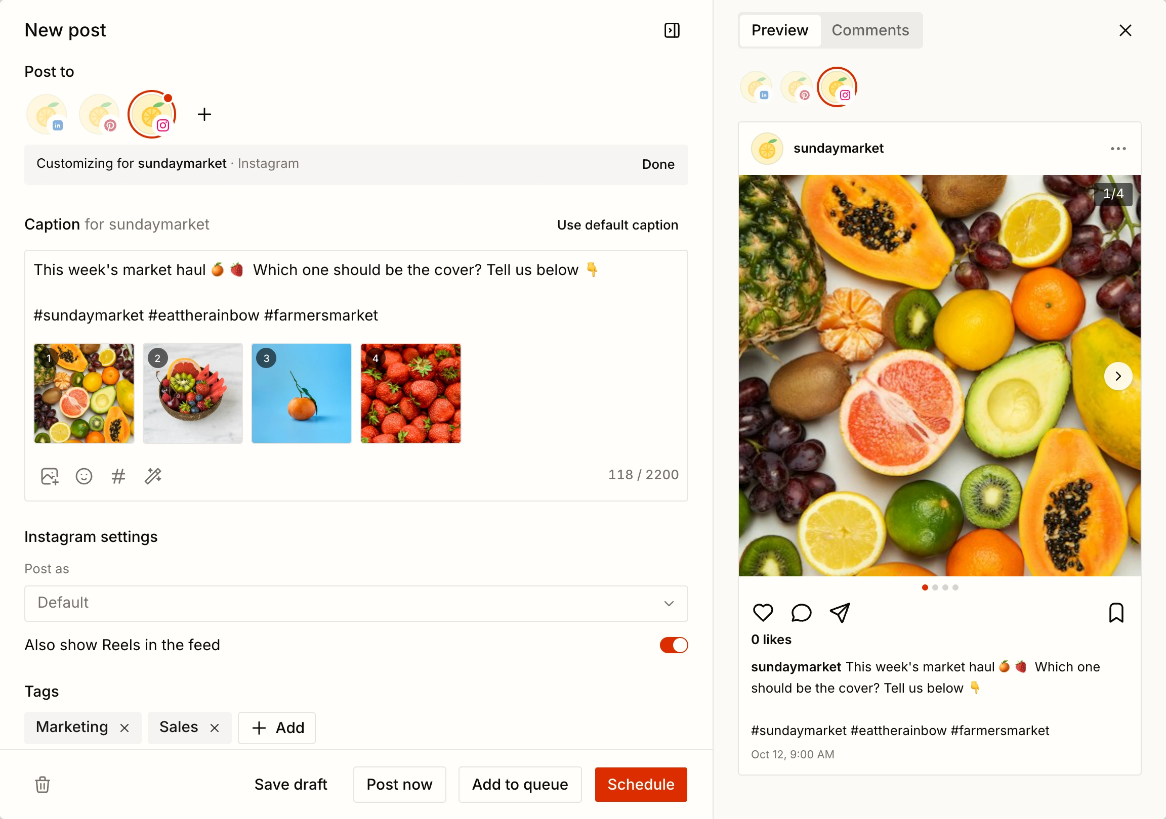Tallyfeed post editor with three channels selected, Instagram's own caption and a live Instagram preview